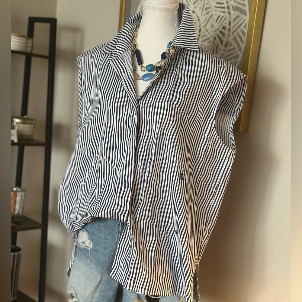 Calvin Klein Blue and White Striped Button Down Shirt - Picture 9 of 10